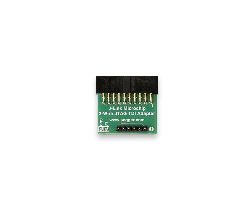 Image of a small green circuit board featuring connectors and labels. It is identified as a "J-Link Microchip 2-Wire JTAG TDI Adapter." The board includes a series of gold pins, with numbers indicating connection points. A website link is printed on the surface.