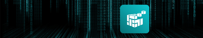 A graphic featuring a teal square icon with a white cube design, suggesting data or digital storage. The background displays a pattern of binary code, emphasizing a technology theme.
