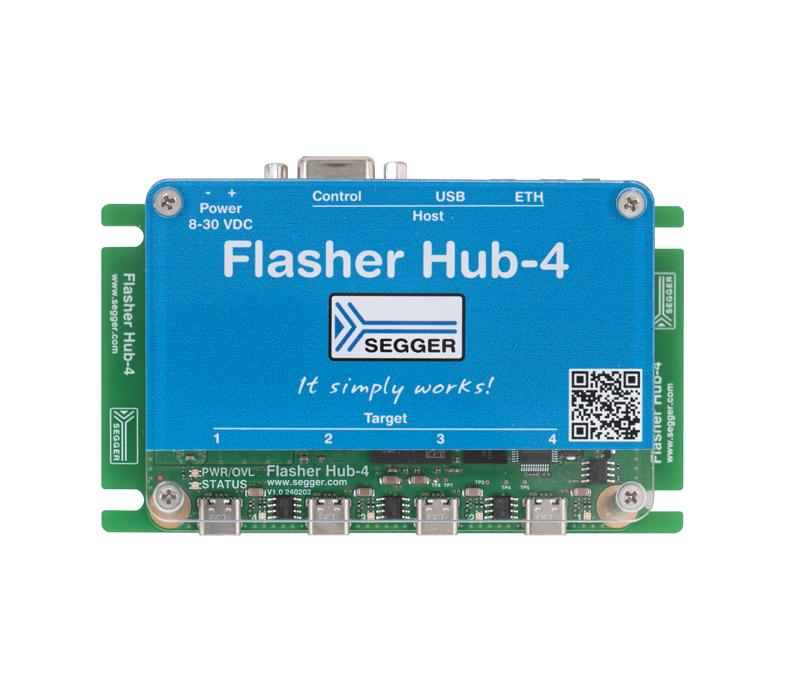 Image of a device labeled "Flasher Hub-4" by SEGGER. The device has a blue top with text stating "It simply works!" and several connection ports at the bottom. It is used for programming and debugging in electronic projects.