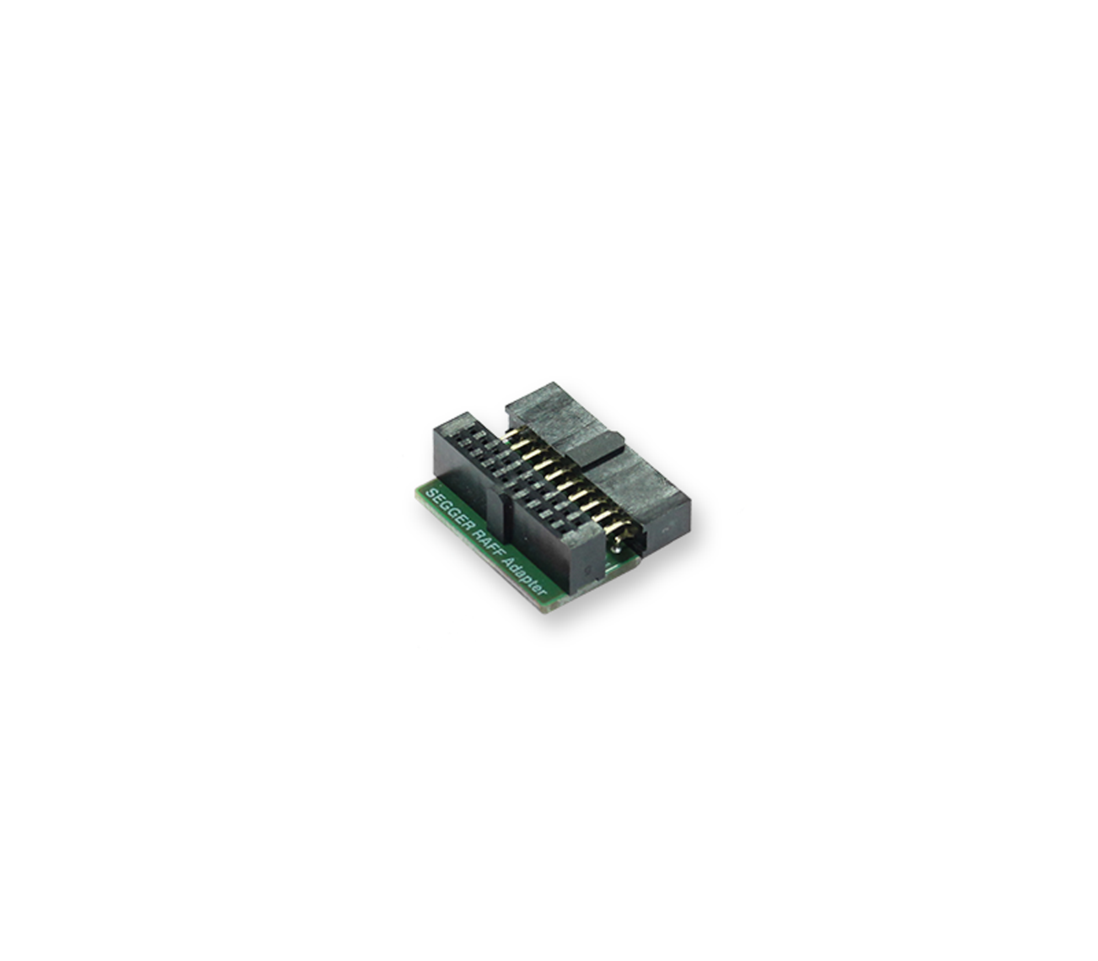 Image shows a small electronic adapter board with multiple pin connections on one side labeled "SEGGER J-Link Adapter." The board is primarily dark with green edges, designed for interfacing with other electronic components.