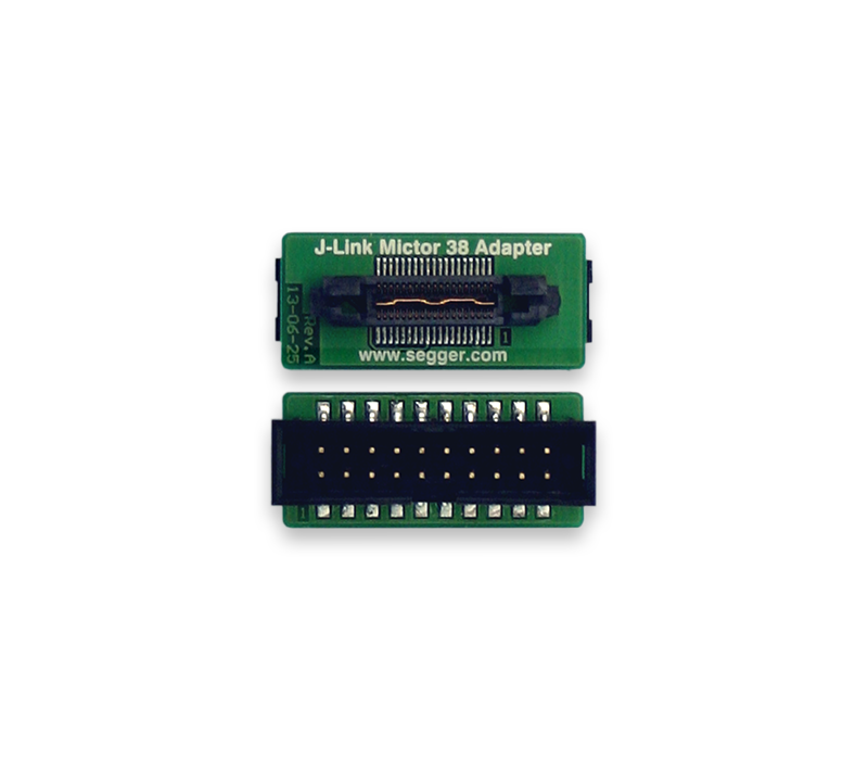 J-Link Mictor 38 Adapter The image shows a J-Link Mictor 38 Adapter, a rectangular green circuit board with two connector ends. One end features a multi-pin connector, while the other has a wider connector with multiple gold pins. The board displays the text and website "www.segger.com."