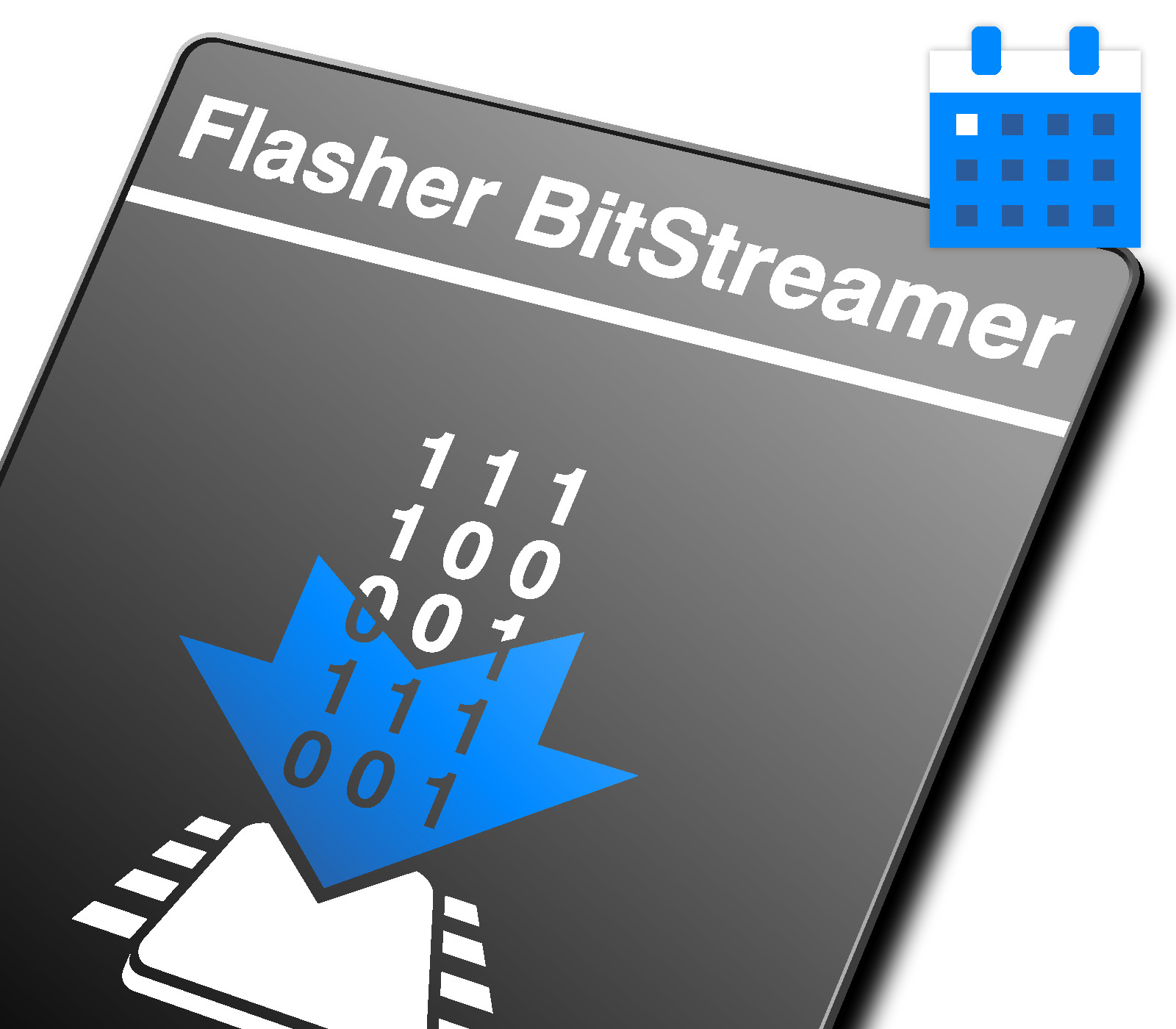 A digital device labeled "Flasher BitStreamer" displays a graphical representation of binary code (1s and 0s) flowing downward through an arrow. The background is black, enhancing the visual contrast of the design elements.