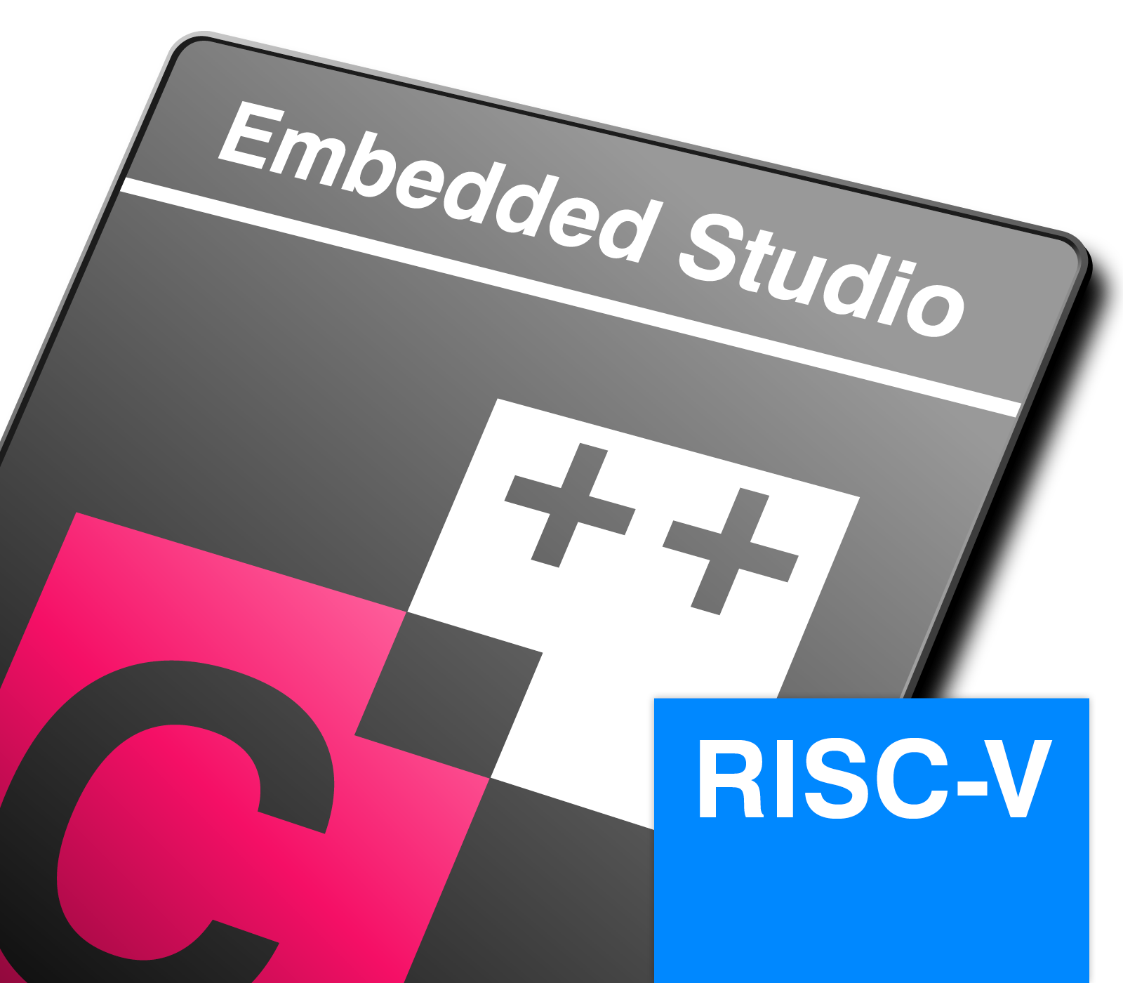 Logo design featuring the text "Embedded Studio" at the top. Below, a stylized letter "C" in pink incorporates a C++ symbol. A blue box to the right displays the text "RISC-V." The overall color scheme is primarily black, pink, and blue, conveying a modern tech theme.