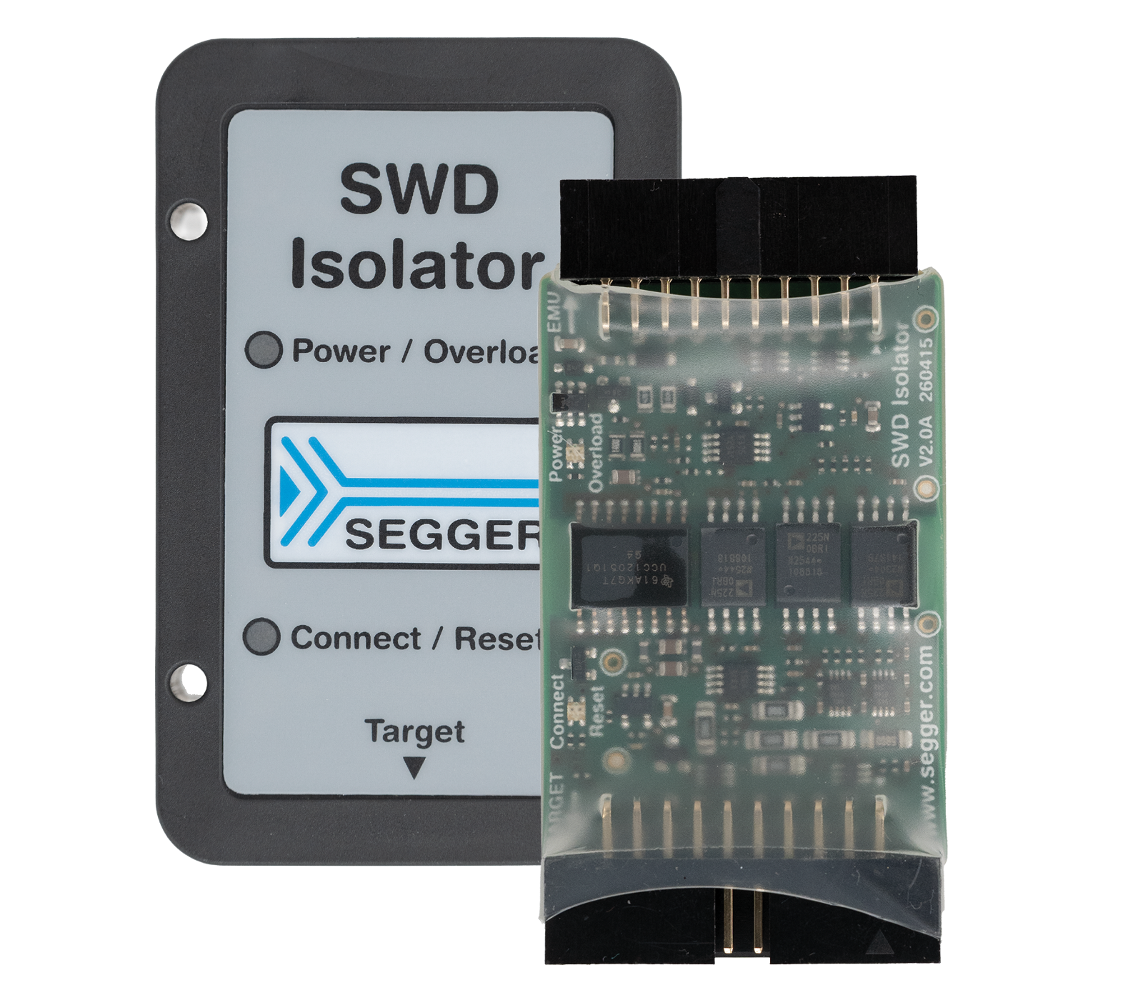 Image shows an SWD isolator device with a printed circuit board. The isolator features labels for power and connection indicators. It is designed for interfacing with electronics, ensuring safe communication between devices. The overall design is compact and functional, suited for technical applications.