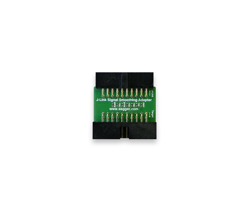 Signal Smoothing Adapter Image of a J-Link Signal Smoothing Adapter, which is a small green circuit board with metal connectors on each side. It features printed text indicating its name and a website, with multiple pins visible for connectivity. The board is placed on a plain white background.