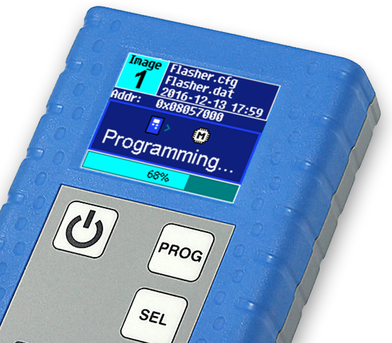 A blue device features a digital screen displaying programming progress at 68%. The screen shows file names, a date, and an address. Several buttons are located beneath the screen, labeled "Power," "Prog," and "Sel," suggesting functionality for device operation or navigation.