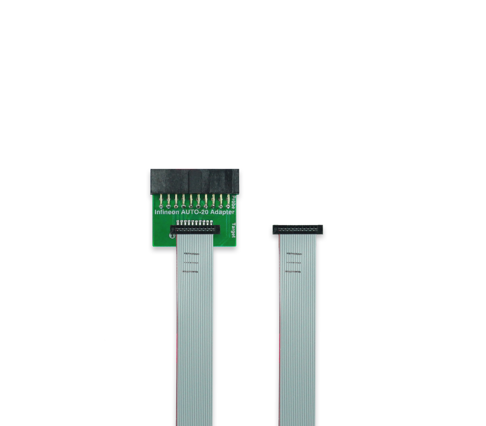 Infineon AUTO-20 Adapter An Infineon AUTO-20 Adapter is shown. It features a rectangular black connector attached to a green circuit board with pins, leading to a flat, multi-stranded ribbon cable. The other end of the cable has a smaller connector. The background is plain white.