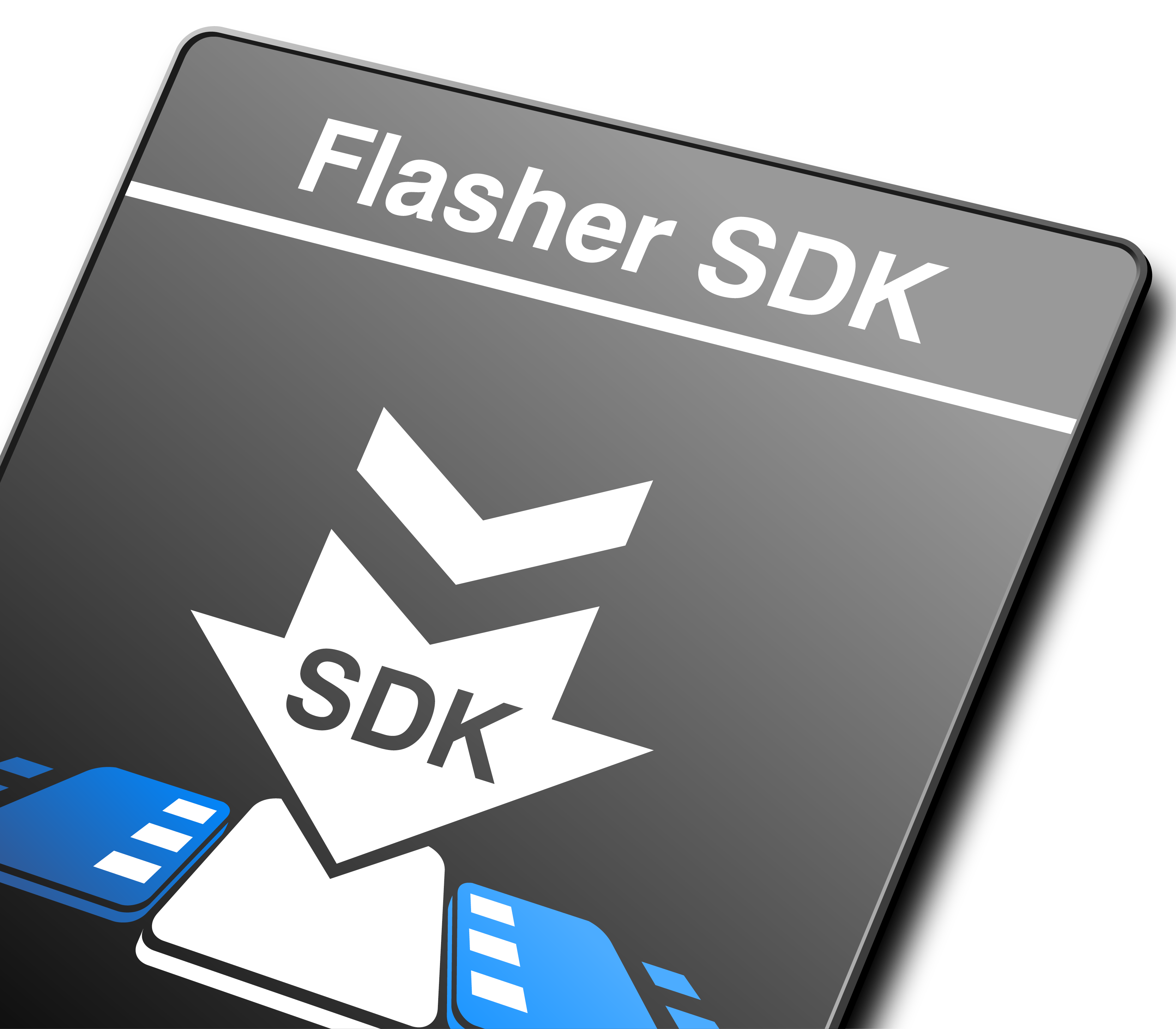 Image of a card displaying the text "Flasher SDK" at the top. Below, there is a graphic featuring a downward arrow with the letters "SDK" prominent in the center. The background is a gradient from light to dark gray with blue elements at the bottom.