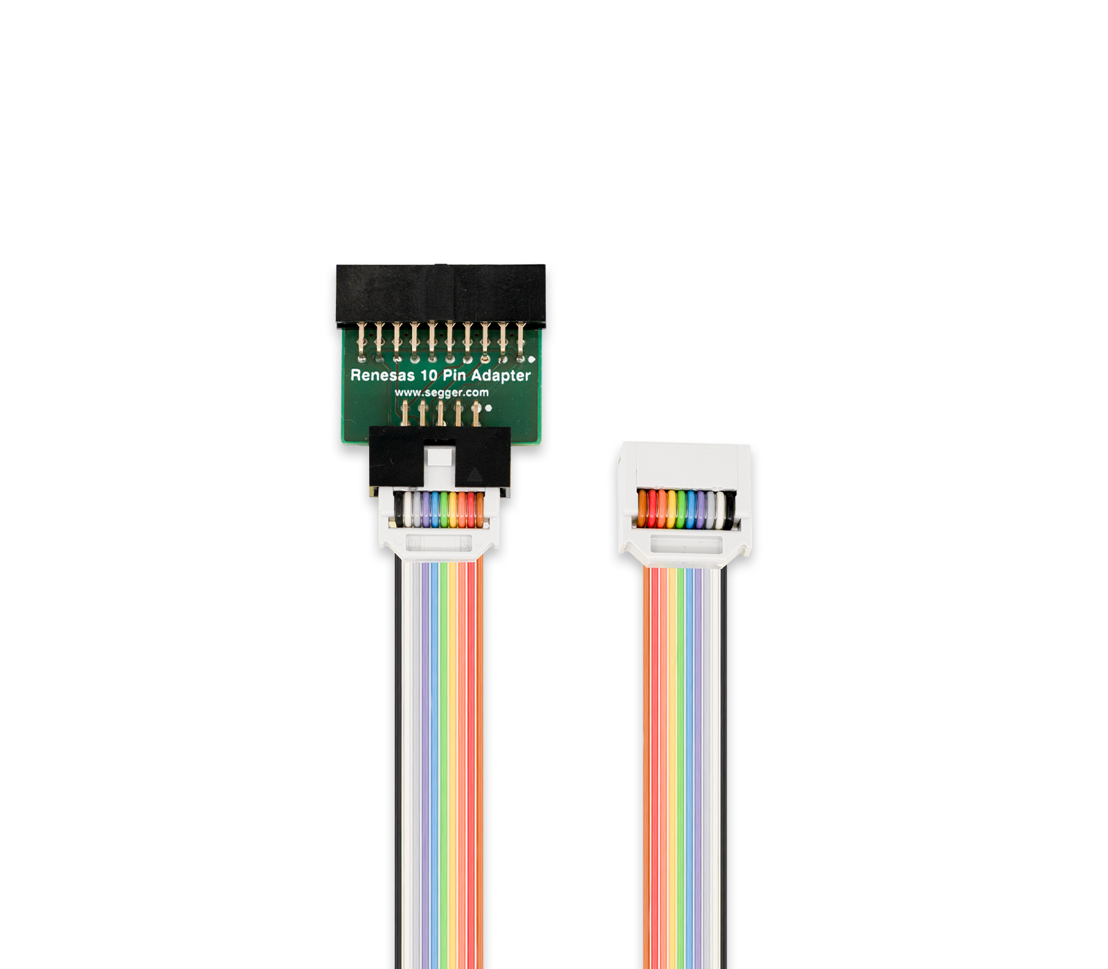 Image shows a Renesas 10-pin adapter with a green circuit board connector on the left and a white connector on the right. A multicolored ribbon cable connects the two, showcasing various colored wires. The image highlights the adapter's practical application in electronic connections.