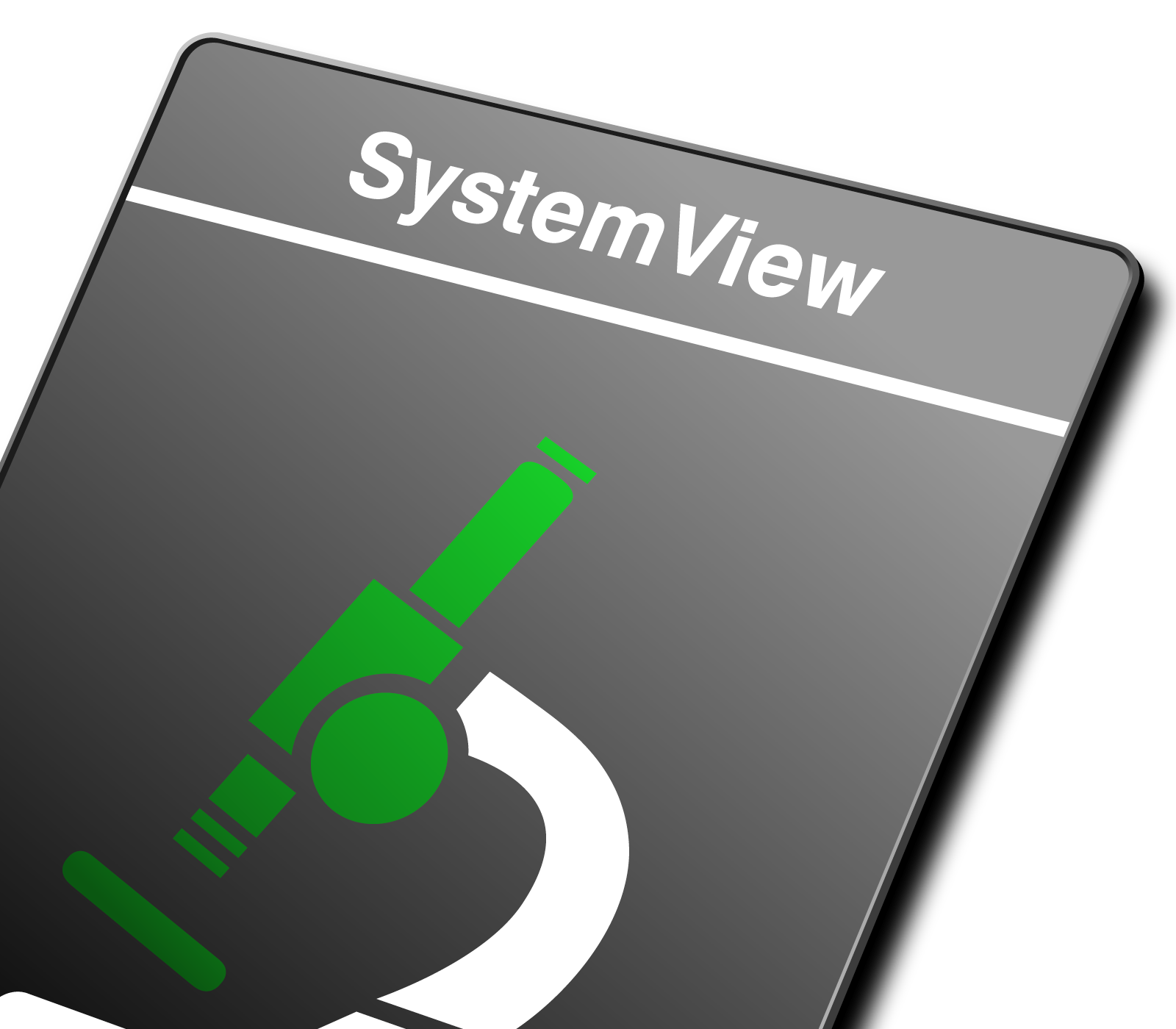A dark gray rectangular icon with the text "SystemView" at the top. Below, a green stylized illustration of a device resembling a microscope or inspection tool, with a barrel and a circular base. The overall design suggests a focus on technology or analysis.