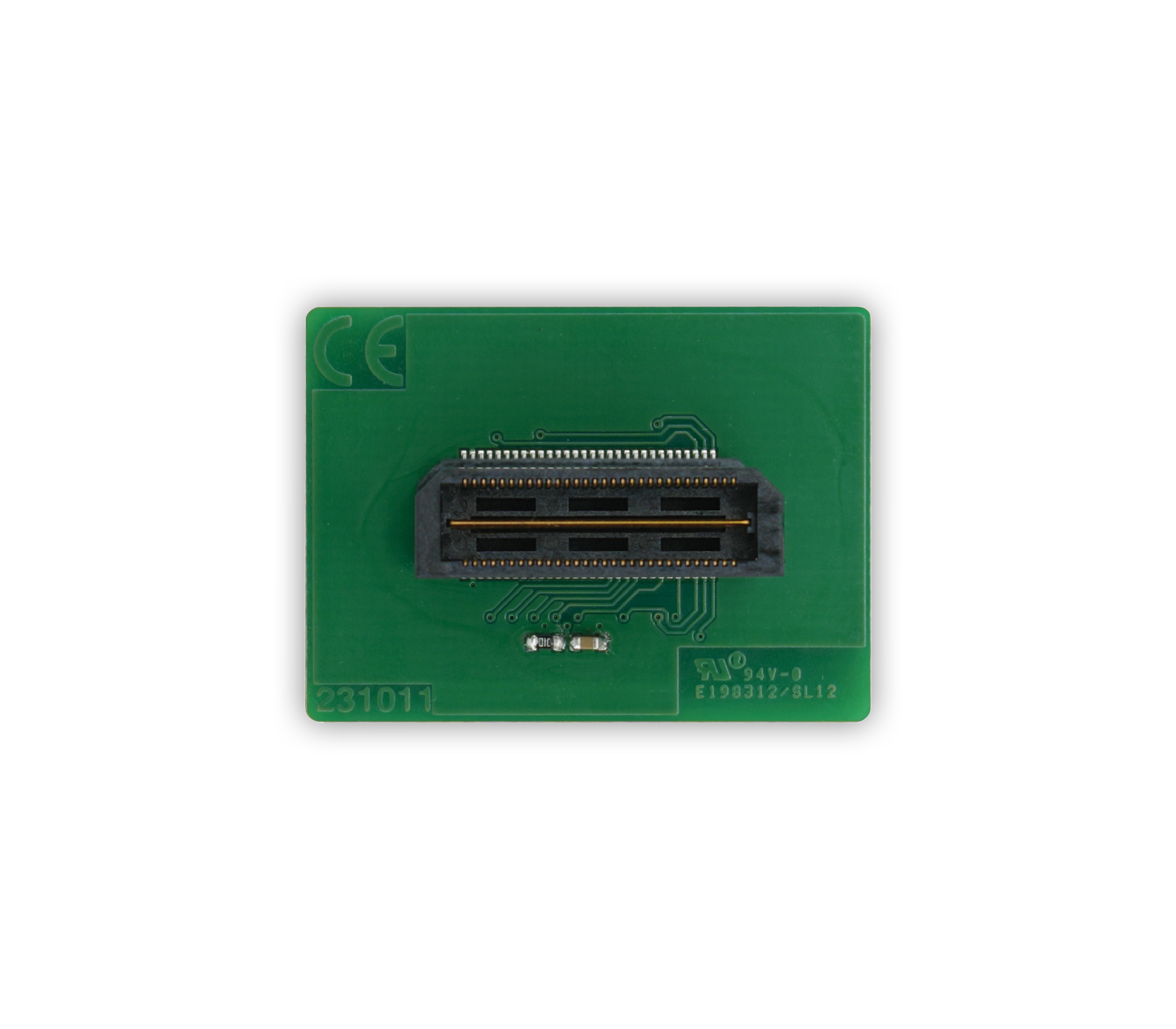 MIPI-60 Adapter Image of a green circuit board featuring a connector with multiple pins at the center. The board includes circuitry patterns and small components. The top corner has a "CE" marking, and the bottom corner displays a code.