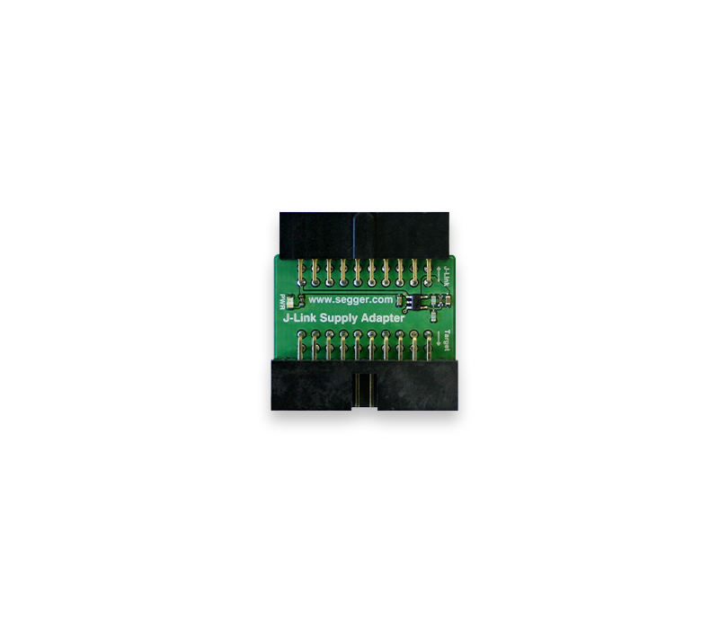 Image of a J-Link Supply Adapter, featuring a green circuit board with multiple solder points and connectors. The adapter is designed for interfacing with J-Link devices, essential for programming and debugging embedded systems.