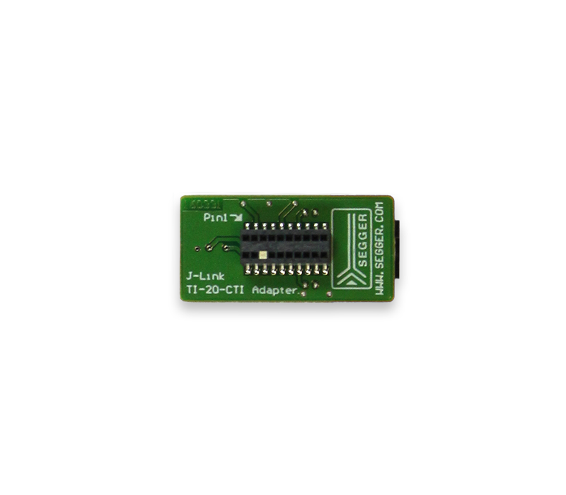 A small green circuit board featuring a connector with several pins labeled "J-Link" and "TI-20-CTI Adapter." The board has printed text and circuit lines but is otherwise simple in design, with no additional graphics or elements.