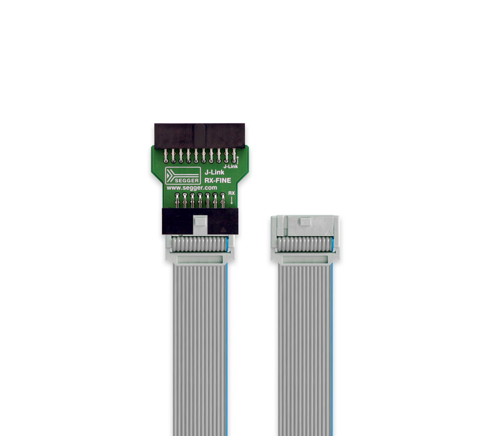 A J-Link RX-FINE interface adapter with two connectors attached to a ribbon cable. The left connector is green with pin configurations, and the right connector is gray with a locking mechanism. The image highlights the adapter's design for connecting debugging equipment.