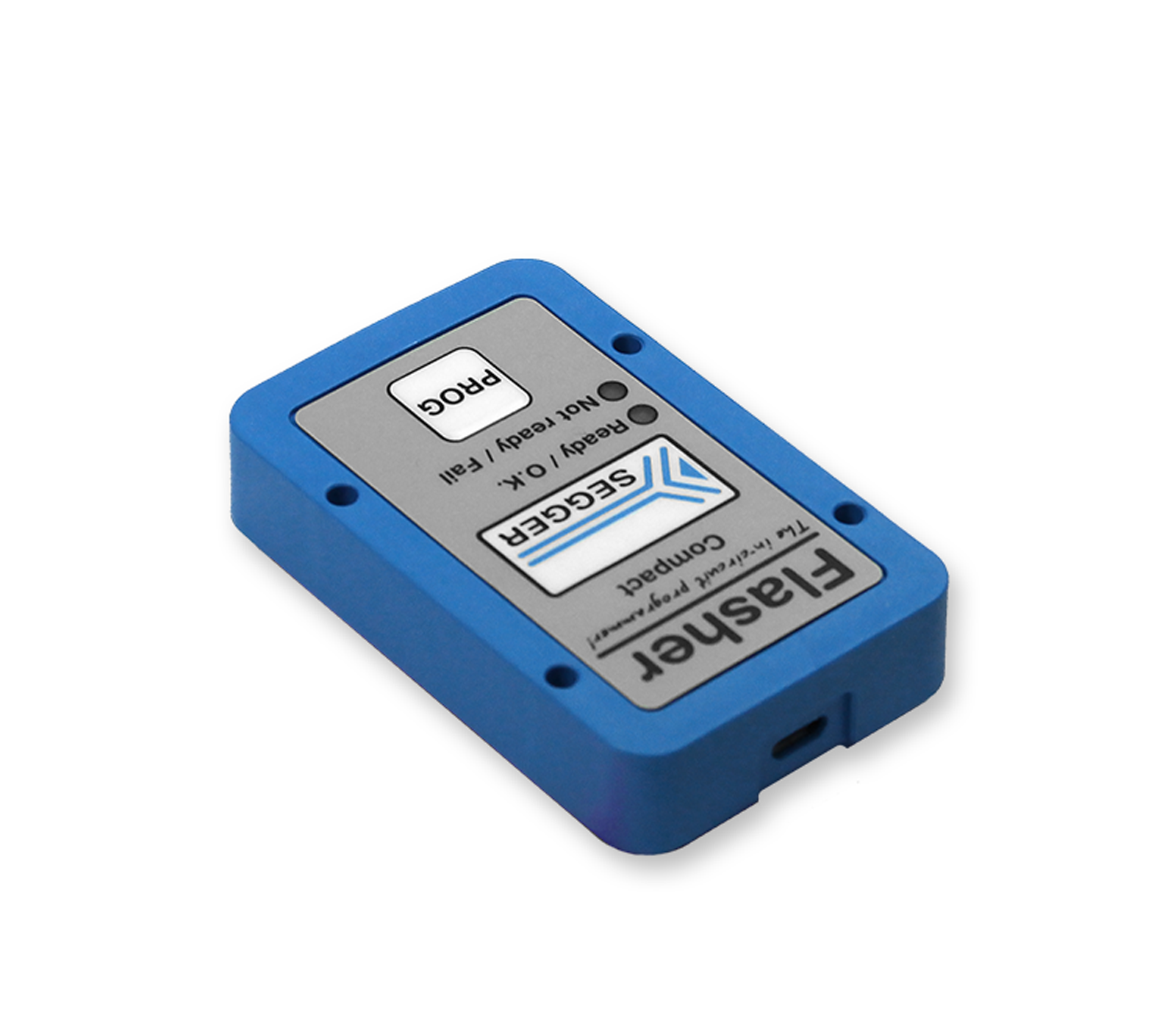 A compact blue device labeled "Falsher" with buttons indicating "PROG" and "Ready/Not Ready." It has a small port on one side, suggesting it is used for electronic or technical purposes. The design is simple and rectangular, intended for ease of use.
