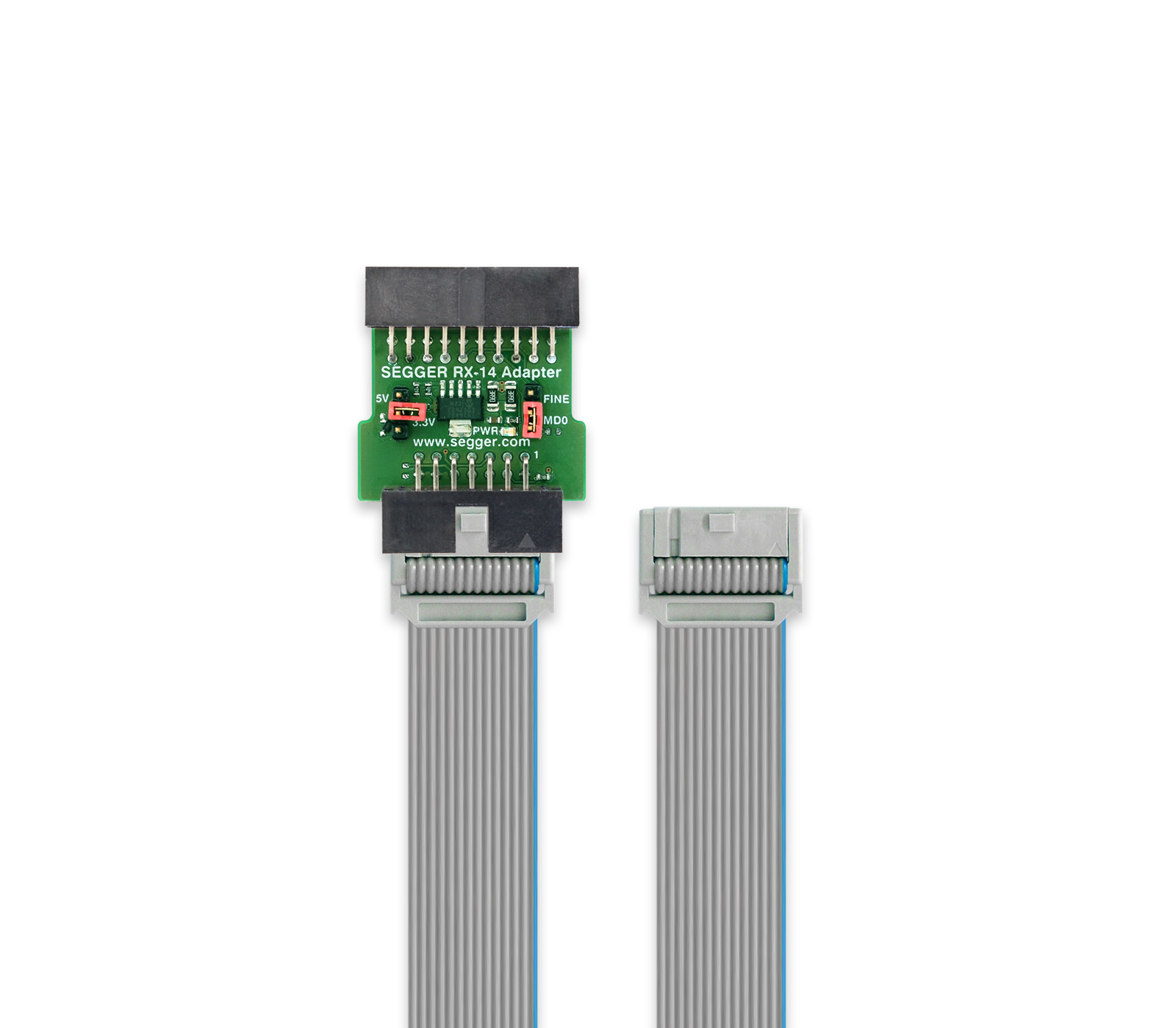 Image of a SEGGER RX-14 Adapter featuring a green circuit board with pins and labels, connected by a flexible ribbon cable to two gray connectors. The adapter is used for programming and debugging electronic devices.