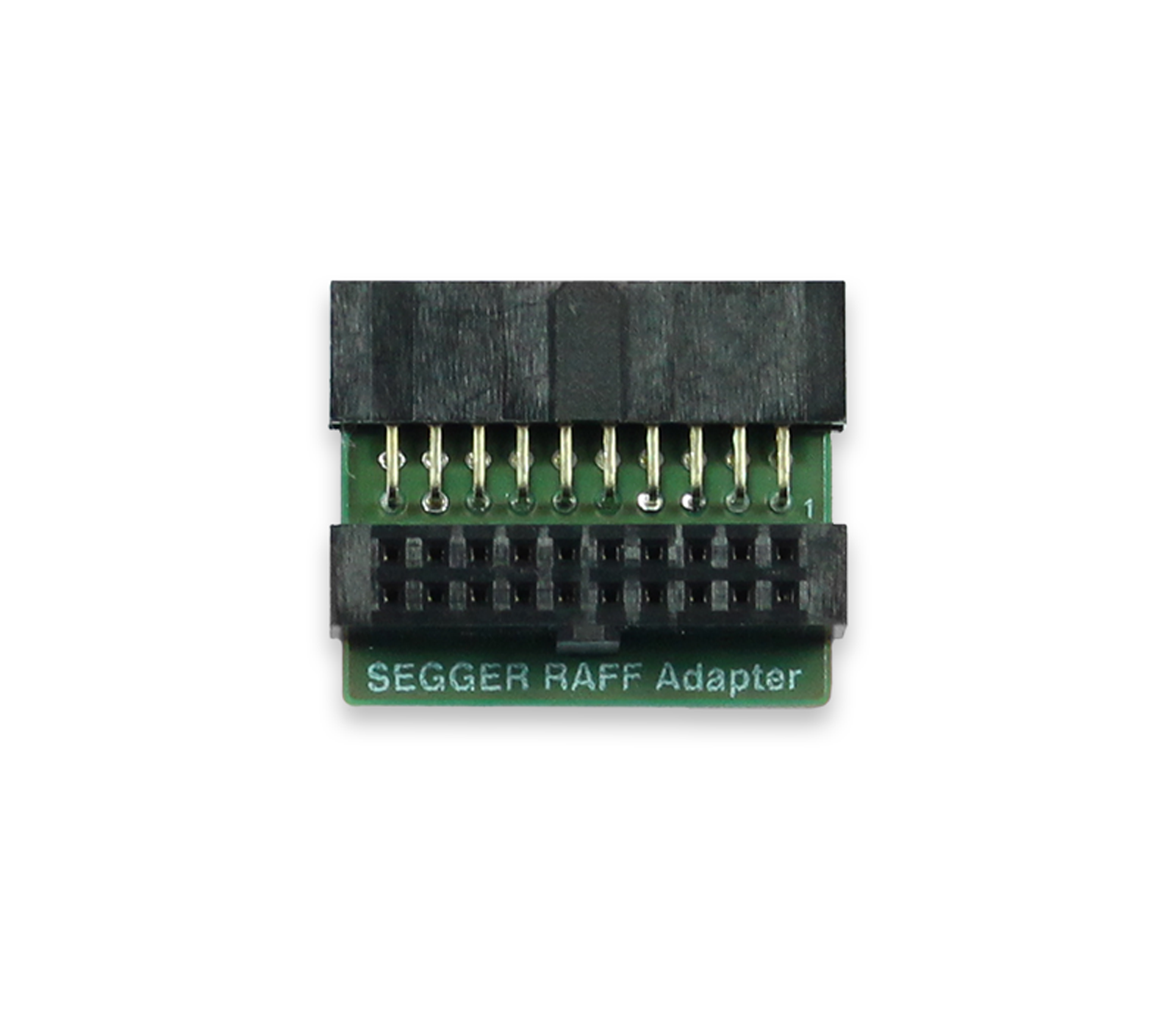 Image of a SEGGER RAFF Adapter. It features a small green circuit board with two black connectors on opposite sides, including a series of metal pins in the center. The words "SEGGER RAFF Adapter" are printed on the green background.