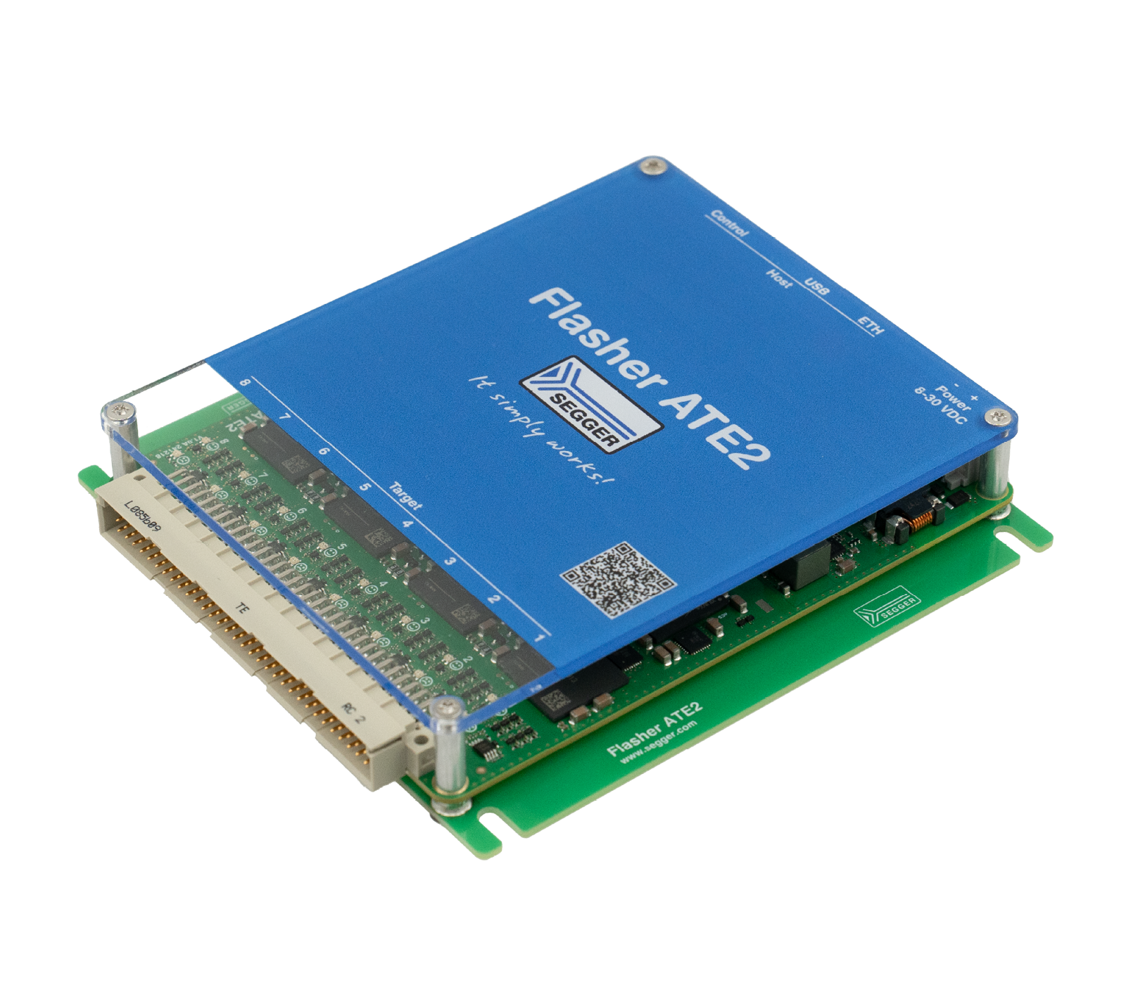 A blue electronic device labeled "Flasher ATE2" prominently displays the SEGGER logo. It features various connectors on one side and is mounted on a green circuit board. The device is used for programming and debugging embedded systems.