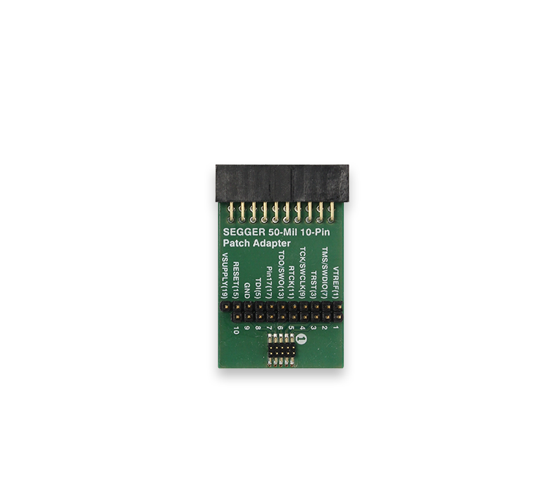 50-Mil 10-Pin Patch Adapter Image of a SEGGER 50-Mil 10-Pin Patch Adapter. The adapter is a small, rectangular green circuit board with a black connector on one end. It features labeled pins for connections, including RESET, GND, and TCK, providing interface capabilities for programming and debugging electronic devices.