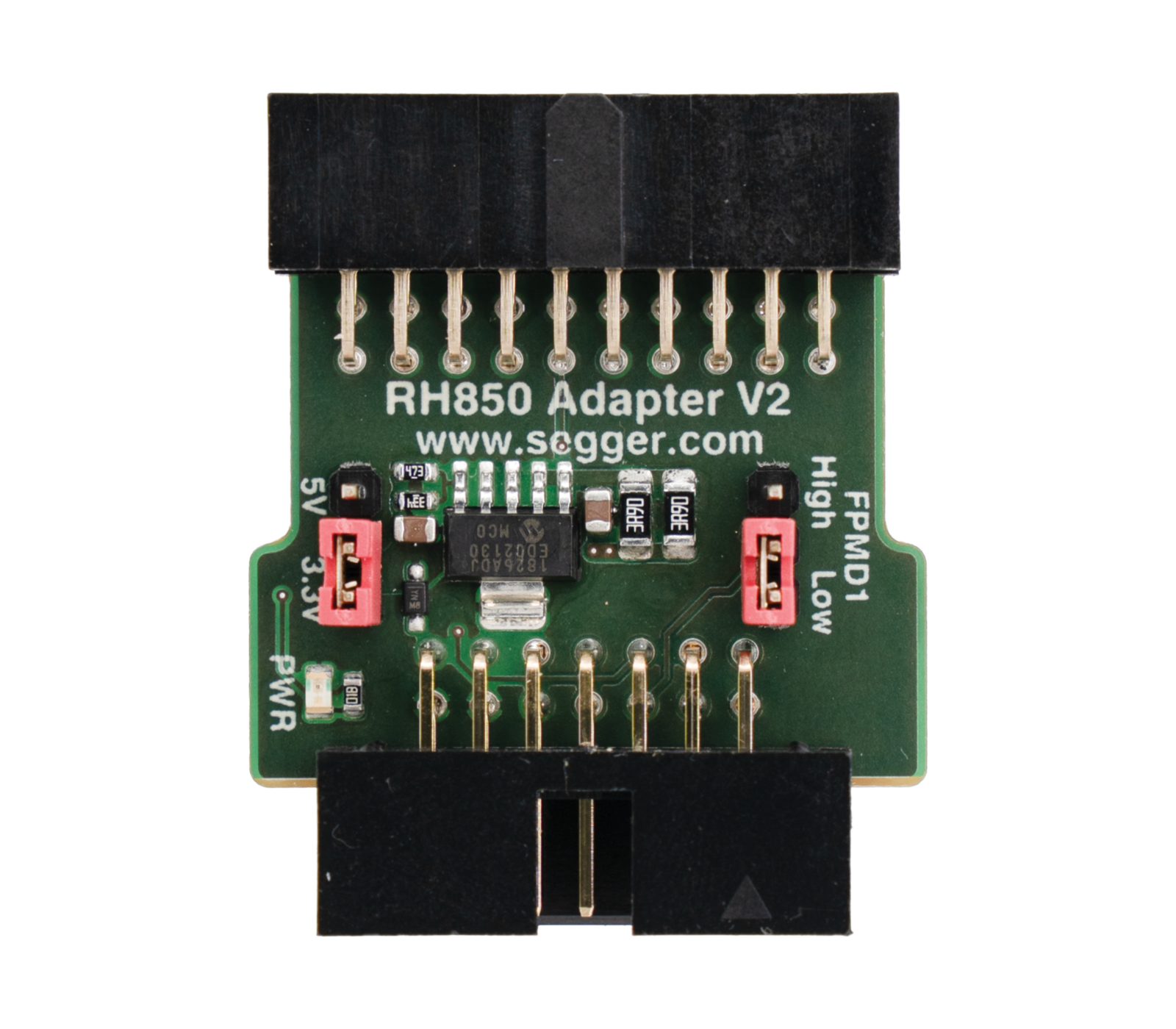 RH850 Adapter Image of an RH850 Adapter V2 circuit board. It features various electronic components, including connectors and a microchip, set against a green background. The layout includes labeled pins and switches for power and mode selection, designed for interfacing with RH850 microcontrollers.