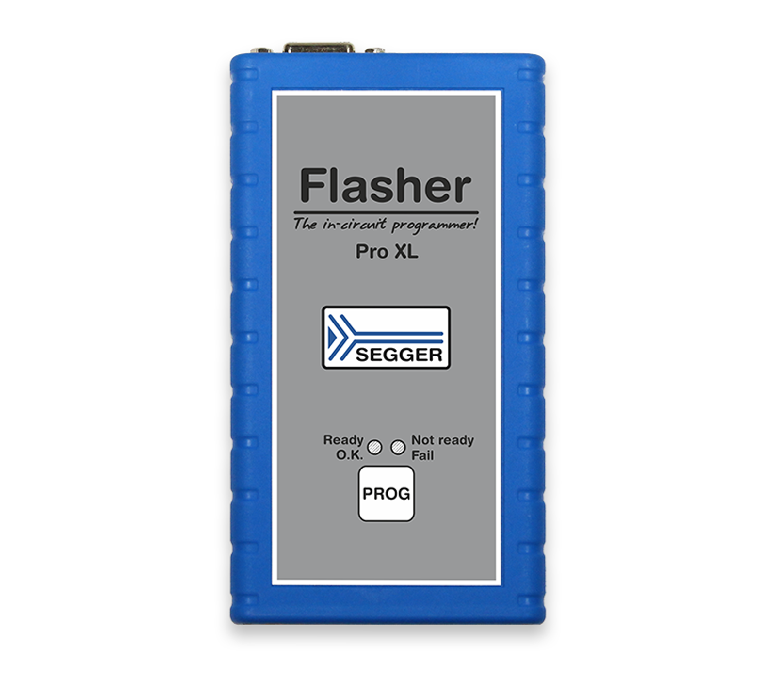 Image of a blue in-circuit programmer labeled "Flasher Pro XL" by SEGGER. The device features indicator lights and buttons, indicating operational status—"Ready," "Not Ready," and "Fail." The main label highlights the product name and its purpose as a programming tool.