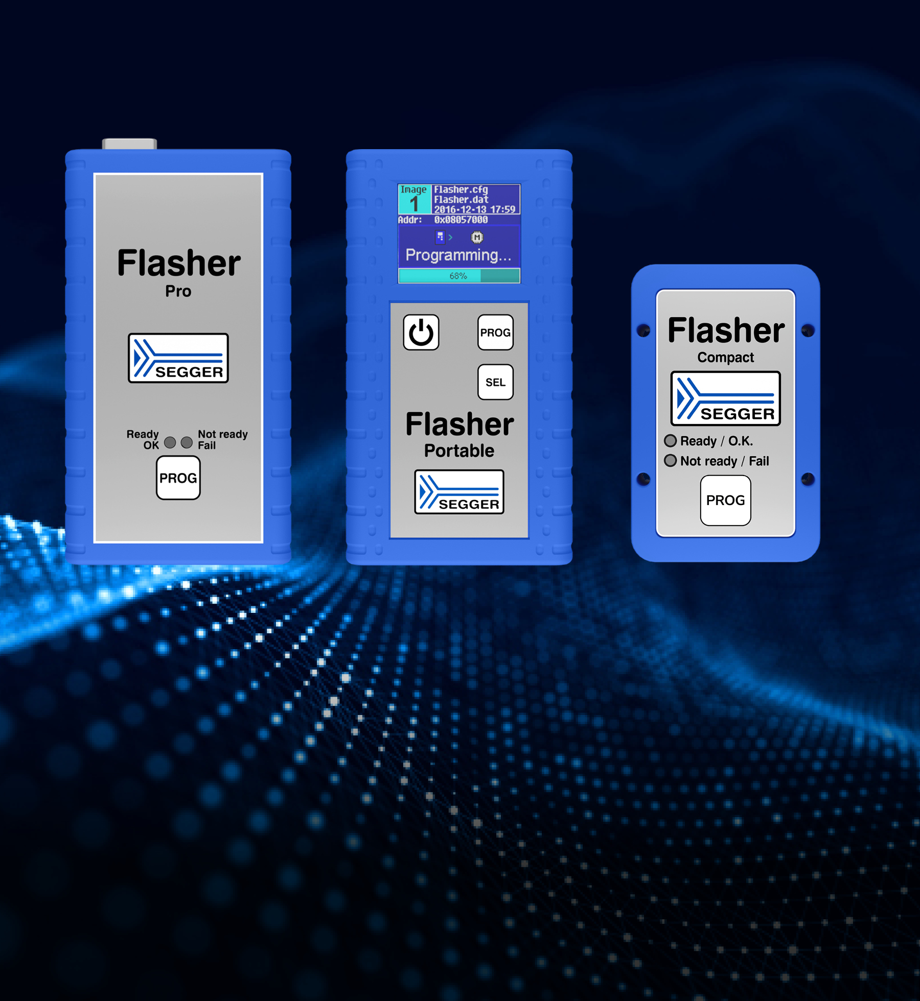 Three SEGGER Flasher devices are displayed: Flasher Pro, Flasher Portable, and Flasher Compact. Each device features a distinct design with labels indicating their functions. The Portable version has a display showing programming progress, while the Compact version indicates readiness status with lights.
